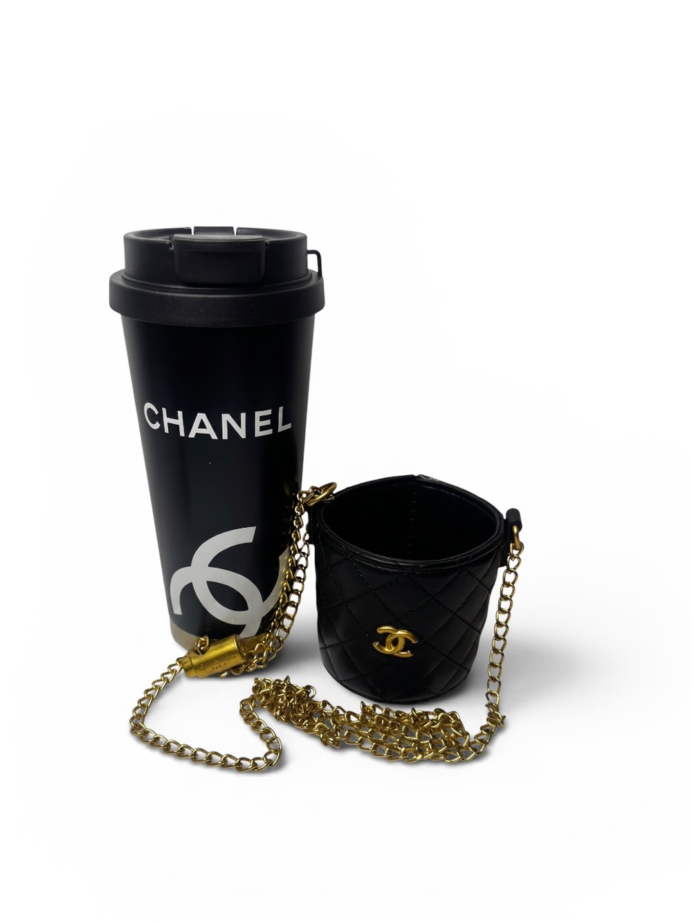 Chanel Black Quilted Mini Bucket Crossbody with Gold Chain cup and pouch gwp